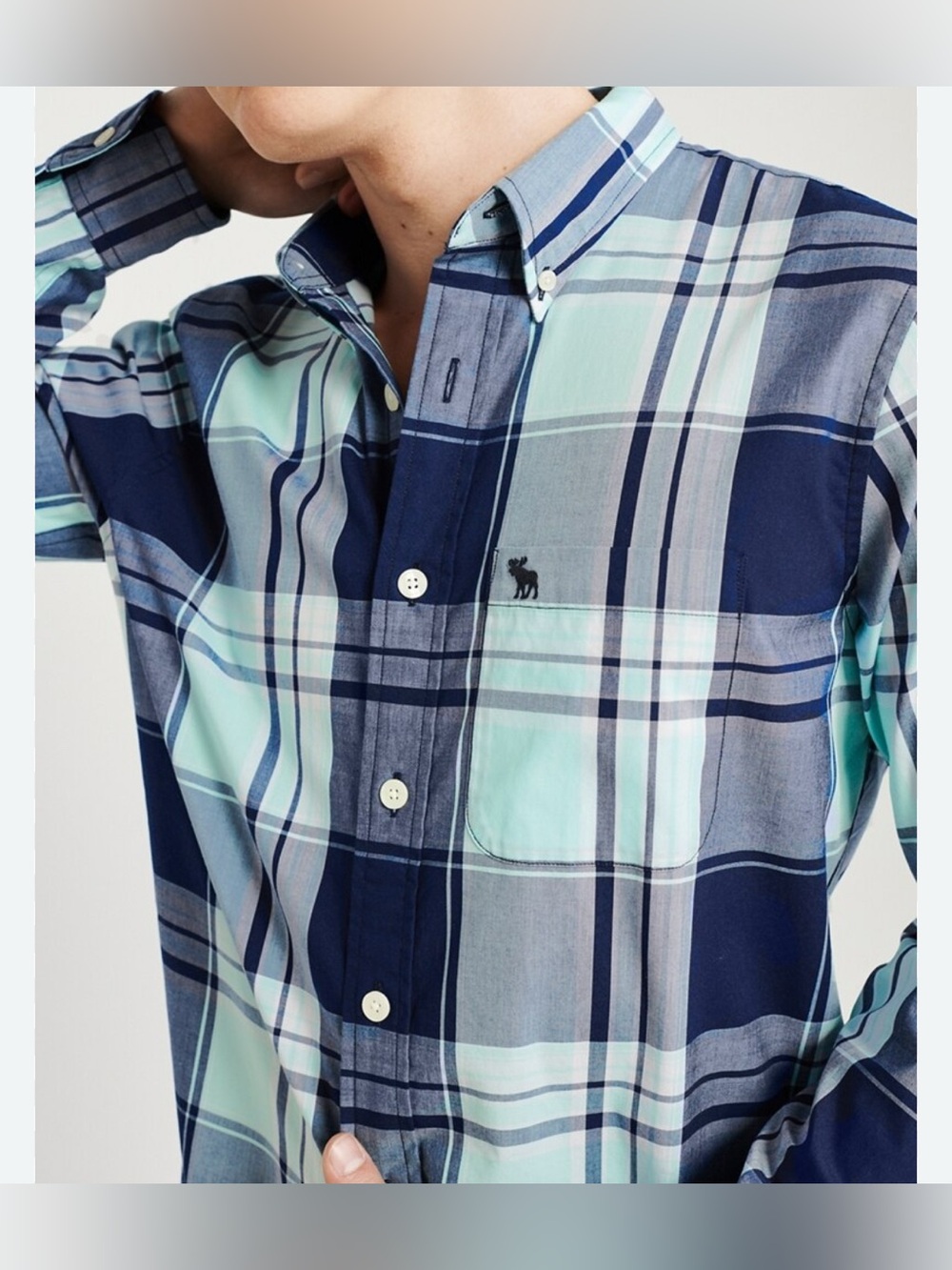 Men's Plaid Button-Down Shirt in Navy & Mint - Abercrombie & Fitch